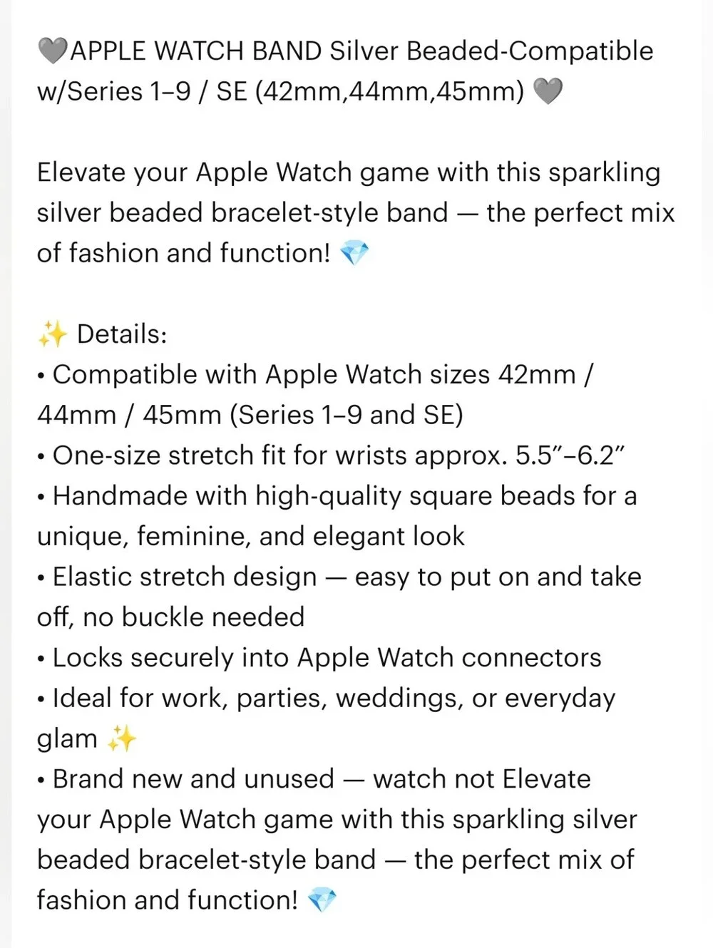 NIB APPLE WATCH BAND Silver Beaded-Compatible w/Series 1–9/SE (42mm,44mm,45mm)